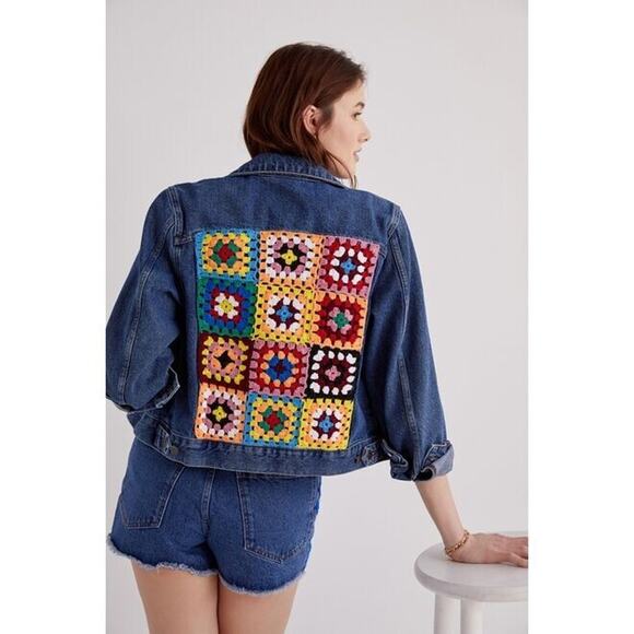 Farm Rio X Anthropologie Crochet Denim Trucker Jacket XS - Picture 11 of 12